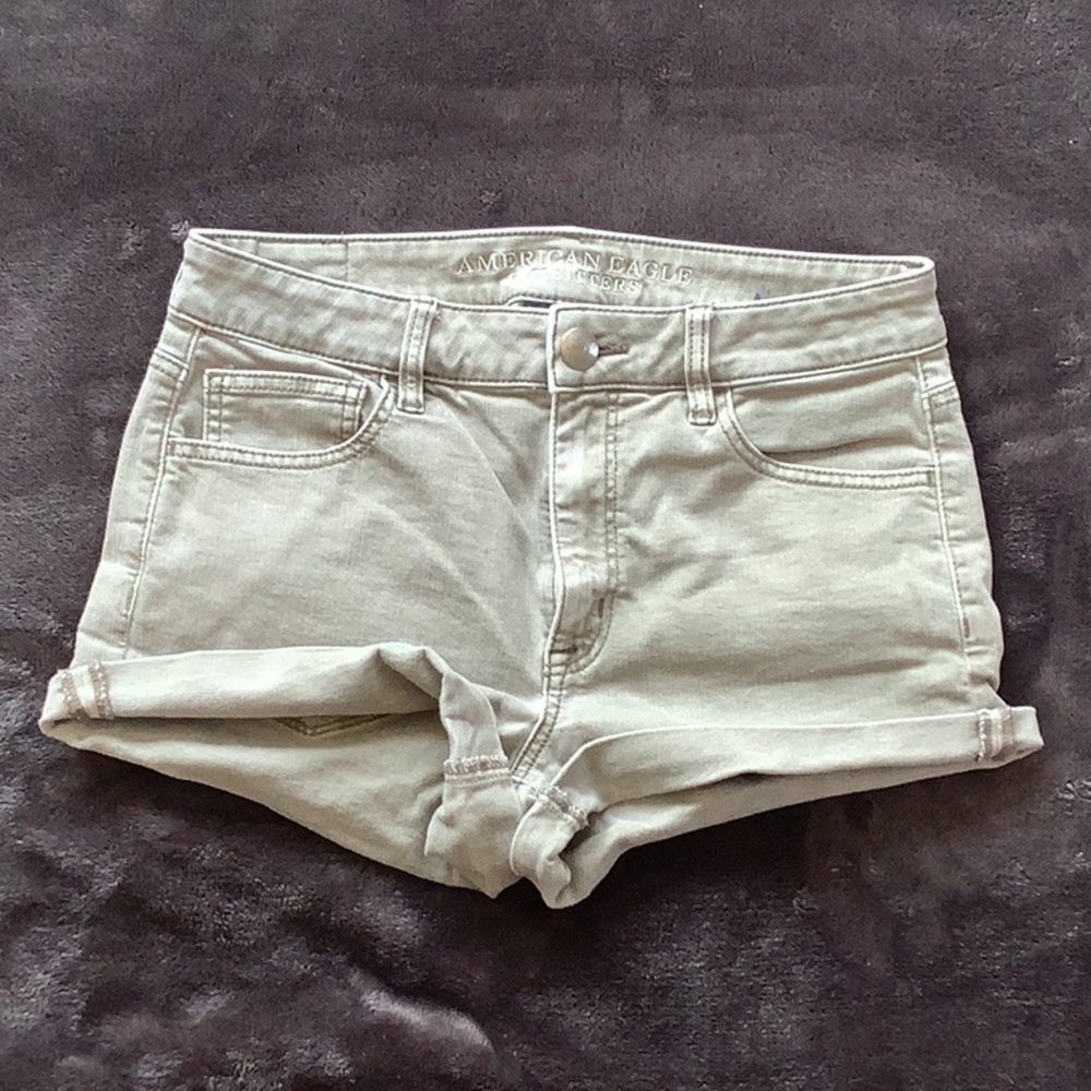 American Eagle hi-rise shorts, size 8, stretch denim, light olive